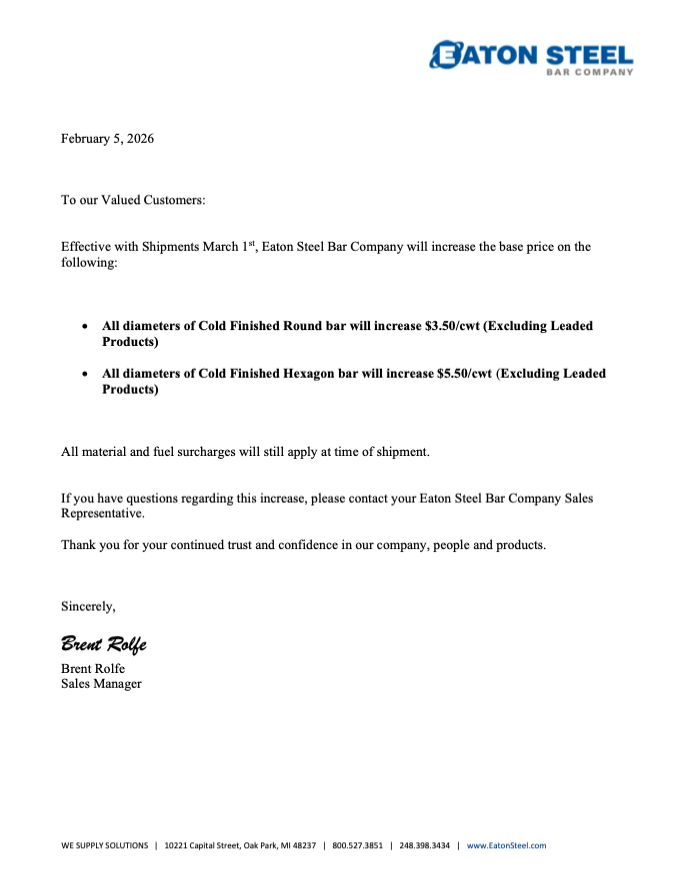 Eaton Steel March 1st Price Adjustments